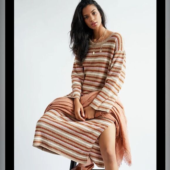 NEW FREE PEOPLE TOES IN THE SAND STRIPED SWEATER MIDI DRESS - Picture 1 of 4